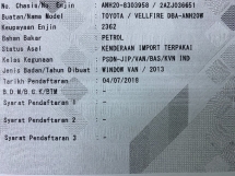 2013 Toyota Vellfire 2.4  FACELIFT REG 18 8Tempat Duduk Kulit 2P/Pintu