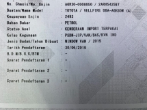 2015 TOYOTA VELLFIRE 2.5 FOR Reg 19 7座2P/门P/后备箱免费保修