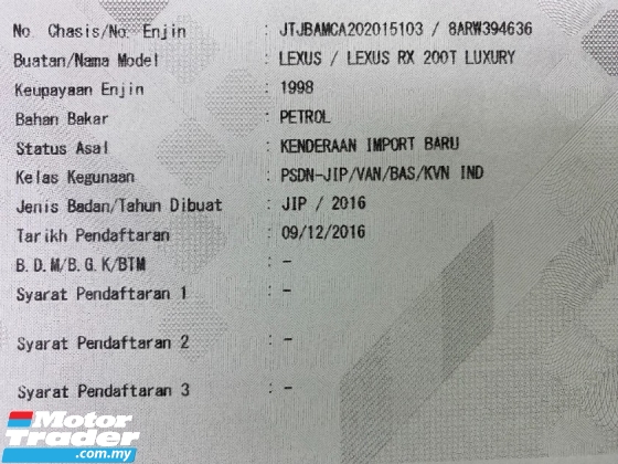 2016 LEXUS RX200T L SUNROF 360 But Kuasa CAM 4Trus Elektrik 