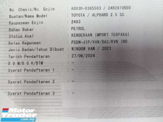 2021 丰田ALPHARD 2.5 SC 飞行员座椅 Pre Reg 2.xx 银行利率天窗 DIM BSM 满载 ((( 5 年度保修 )))
