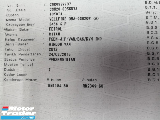 2012 TOYOTA VELLFIRE 3.5 ZG 飞行员座椅全皮 YEAR MADE 2012 翻新 2018 家庭影院系统 (( 2 年保修 ))