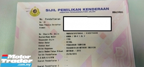 2015 HONDA HR-V 1.8 V KHAS (A) F / PERKHIDMATAN, 113K KM, 1 JAMINAN TAHUN