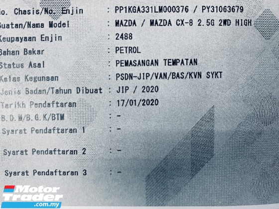 2020 MAZDA CX-8 2.5L HIGH CKD Rekod Perkhidmatan Penuh U/Waranti 2025