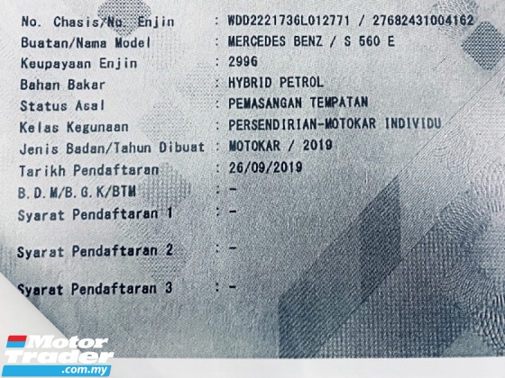 2019 MERCEDES-BENZ S-CLASS 560e 3.0 (A) Perkhidmatan Penuh CKD Facelift UW2027