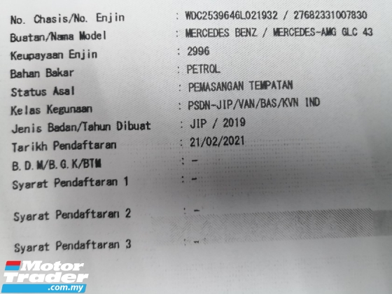 2019 MERCEDES-BENZ GLC-CLASS GLC43 AMG 4Matic TAHUN DIBUAT 2019 Selesai 23Km Sahaja 23KM Sahaja 23KM Sahaja Waranti CYCLE 2025