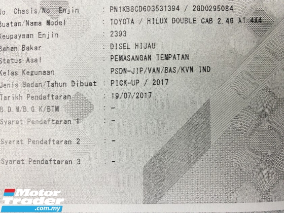 2017 TOYOTA HILUX 2.4 (A) Kulit Rekod Servis Penuh G VNT 64K KM