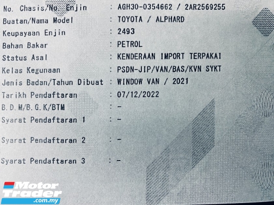 2021 TOYOTA ALPHARD 2.5 SC REG 22 3WARANTI PERCUMA BOOT KUASA LED S/BUMBUNG