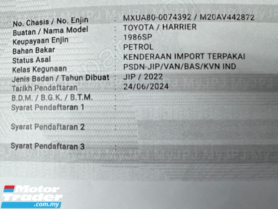 2022 TOYOTA Harrier 2.0 (A) G 360 Kamera p/boot tanpa kunci u/waranty2029