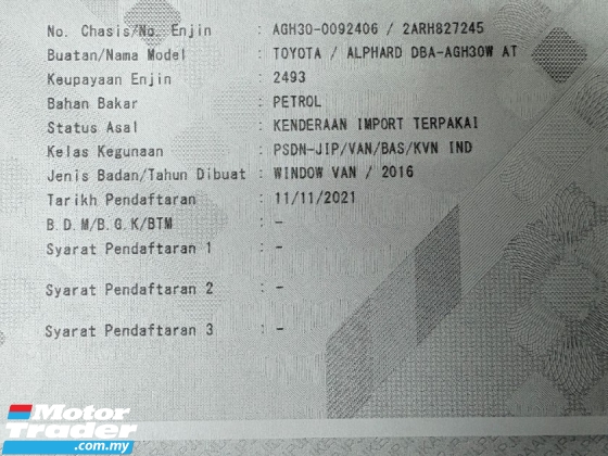 2016 TOYOTA ALPHARD 2.5 SC REG 2021 S/Bumbung Boof Boot Waranti Percuma