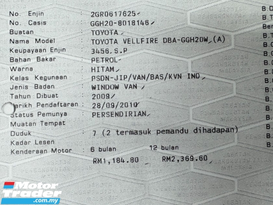 2009 TOYOTA VELLFIRE 3.5 VL 注册 2010 天窗电动启动摄像头 
