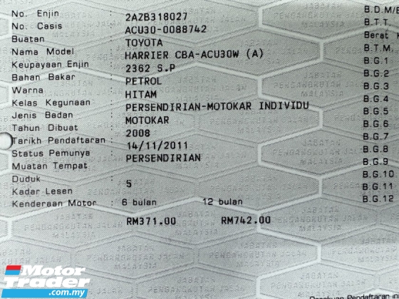 2008 TOYOTA HARRIER 2.4 (A) Registered 2011 Leather Seat Camera 