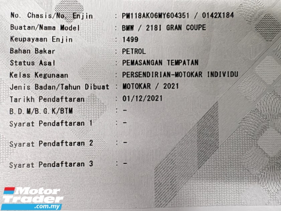 2021 宝马 2 SERIES 18I 1.5 (一个) M-Sport 61K KM Full Service UW 2026