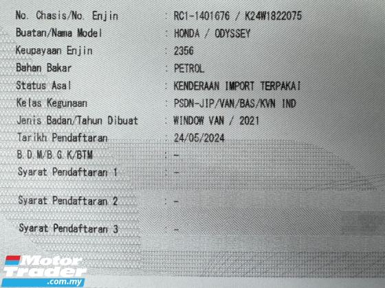 2021 Honda Odyssey Reg Absolute 2024 Kamera Boot Kuasa 2Power Pintu 